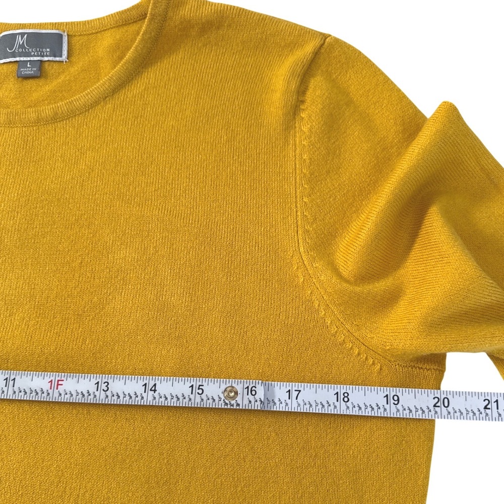 JM COLLECTION Petite Mustard Yellow Crewneck Sweater Button Cuff Women's L - Picture 4 of 9